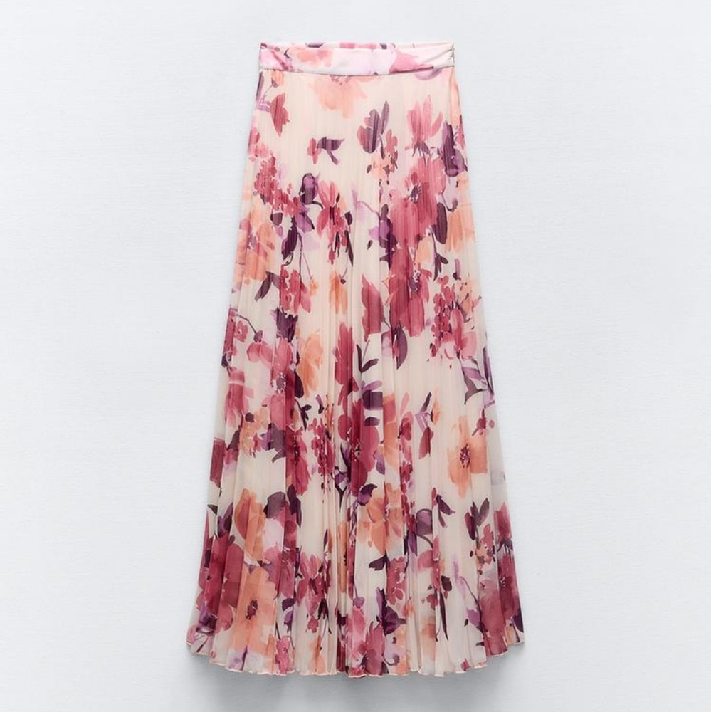 Zara floral pleated midi skirt multicolored pink BNWT - Picture 14 of 14